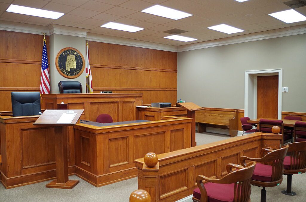 Photograph showcasing the interior of a Calhoun County Alabama courtroom.