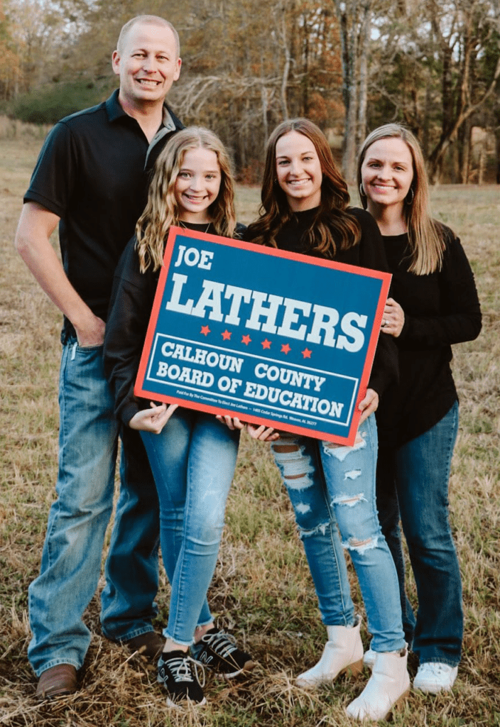 Photograph of Joe Lathers speaking passionately about his background and candidacy for the Calhoun County School Board